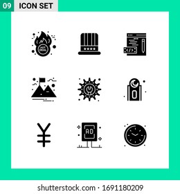 Group of 9 Solid Glyphs Signs and Symbols for mosque; gear; coding; development tool; landscape Editable Vector Design Elements