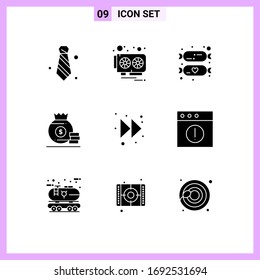 Group of 9 Solid Glyphs Signs and Symbols for forward; american; baby; money; dollar Editable Vector Design Elements