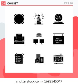 Gruppe von 9 festen Glyphen Zeichen und Symbole für die Datenbank; Büro; Ball; Fax; Design-Elemente für Vektorillustrationen mit Sternbearbeitung
