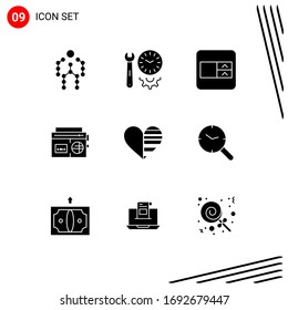 Group of 9 Solid Glyphs Signs and Symbols for heart; music; settings; radio; wireframe Editable Vector Design Elements