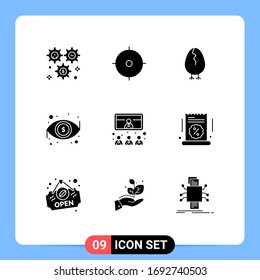 Group of 9 Solid Glyphs Signs and Symbols for call; look; aim; eye; happy Editable Vector Design Elements