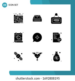 Group of 9 Solid Glyphs Signs and Symbols for heart; calendar; container; open; board Editable Vector Design Elements