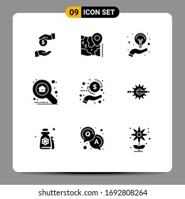 Group of 9 Solid Glyphs Signs and Symbols for coin; search; destination; property; idea Editable Vector Design Elements
