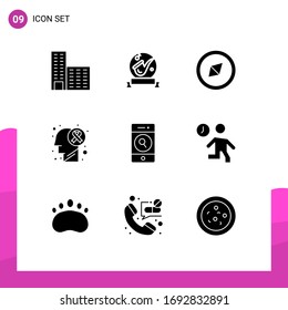 Group Of 9 Solid Glyphs Signs And Symbols For Search; People; Compass; Disease; Brain Tumor Editable Vector Design Elements