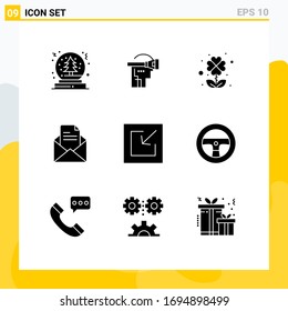 Group of 9 Solid Glyphs Signs and Symbols for save; download; clover; pencil; mail Editable Vector Design Elements