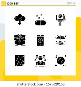 Group of 9 Solid Glyphs Signs and Symbols for application; progress; industry; productivity; upload Editable Vector Design Elements