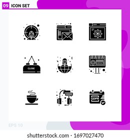Group of 9 Solid Glyphs Signs and Symbols for offshore; close; web; meal; drink Editable Vector Design Elements