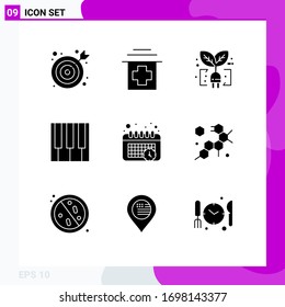 Gruppe von 9 festen Glyphen, Zeichen und Symbole für die Zeit; Kalender; Blatt; Ton, Design-Elemente für Vektorillustrationen mit Musik