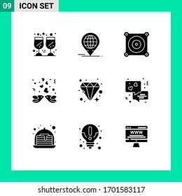 Gruppe von 9 festen Glyphen Zeichen und Symbole für Juwel; brillant; elektrisch, Liebe; Zusammenstellen von Design-Elementen für bearbeitbare Vektorillustrationen
