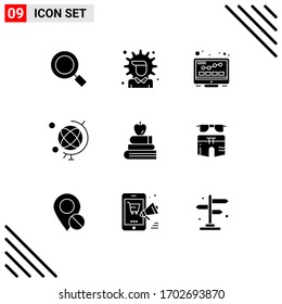 Gruppe von 9 festen Glyphen, Zeichen und Symbole für die Bildung; Apfel, Internet; Globus; Design-Elemente für redaktionelle Vektorillustration