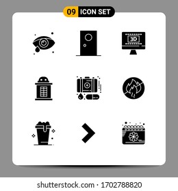 Group of 9 Solid Glyphs Signs and Symbols for first aid; case; cinema; train; ticket Editable Vector Design Elements