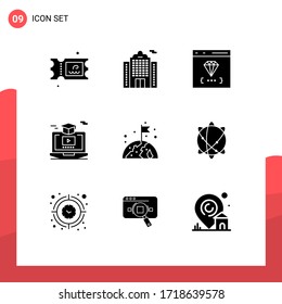 Group of 9 Solid Glyphs Signs and Symbols for globe; hat; coding; gruadation; online Editable Vector Design Elements
