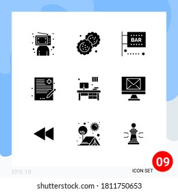 Group of 9 Solid Glyphs Signs and Symbols for history; file; cutter; doctor; media and entertainment Editable Vector Design Elements