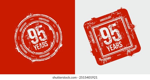 Grupo de logotipos del 95 aniversario dibujados como sellos, marcos rojos para la celebración. Textura de sello de goma Grunge. Sellos de Festiva. Colección de sello postal. Sellos redondos y rectangulares de Vector