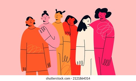Group of abstract cheerful young ladies. Women are standing, posing together. Female cartoon characters. Friendship, sisterhood, girl power, feminist union concept. Hand drawn Vector illustration - Shutterstock ID 2121864314