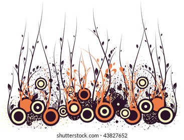 group of abstract colored circles of which are drawn up curly branches with leaves on the background there are some circles in the form of bands and a lot of splashing