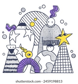 Group of abstract comic character family, hand drawn. Diversity, inclusion concept. Simple modern line graphic 