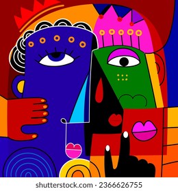 Group of abstract decorative line art face portraits vector illustration background. Ethnic, artistic design for prints, postcard, poster, cover and wall art.