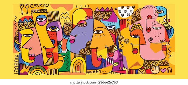 Group of abstract decorative line art face portraits vector illustration background. Ethnic, artistic design for prints, postcard, poster, cover and wall art.