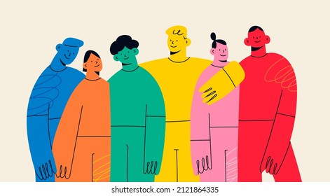 Group abstract diverse people  Friends coworkers are standing  hugging  posing together  Cartoon characters  Teamwork  togetherness  friendship concept  Hand drawn colorful Vector illustration