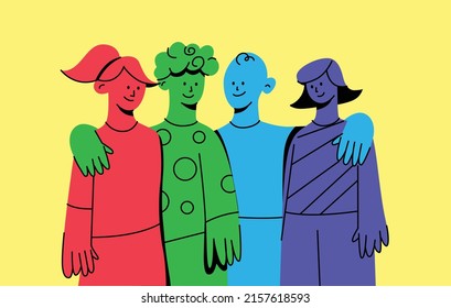 Group of abstract diverse people. Friends or coworkers are standing, hugging, posing together. Teamwork, togetherness, friendship concept. Cartoon characters. Hand drawn colorful Vector illustration