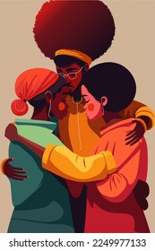 Group of abstract diverse people. Friends or coworkers are standing, hugging, posing together. Teamwork, togetherness, friendship concept. vector illustration