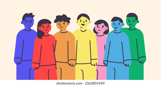 Group of abstract diverse people. Friends or coworkers are standing, hugging, posing together. Cartoon characters. Teamwork, togetherness, friendship concept. Hand drawn colorful Vector illustration