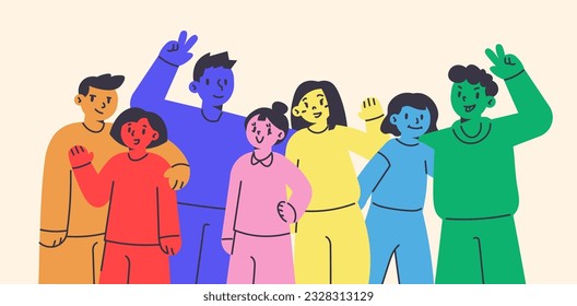 Group of abstract diverse people. Friends or coworkers are standing, hugging, posing together. Cartoon characters. Teamwork, togetherness, friendship concept. Hand drawn colorful Vector illustration.