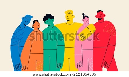 Group of abstract diverse people. Friends or coworkers are standing, hugging, posing together. Cartoon characters. Teamwork, togetherness, friendship concept. Hand drawn colorful Vector illustration