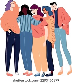 Group of abstract diverse people, man and woman, Friends or coworkers are standing, hugging, posing together. cartoon characters. Teamwork, togetherness, friendship concept. Hand drawn colorful Vector