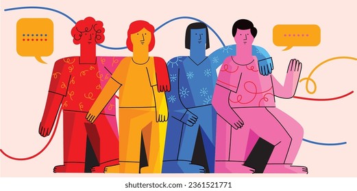 Grupo de personas abstractas y diversas. Trabajo en equipo, amistad, unión caricatura ilustrativo vectorial.