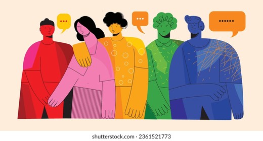 Grupo de personas abstractas y diversas. Trabajo en equipo, amistad, unión caricatura ilustrativo vectorial.