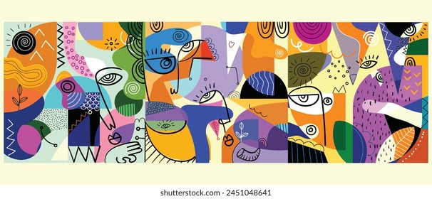 Group of abstract face portrait cubism art style, decorative, line art hand drawn vector illustration. Design for wall art, decoration, poster and print.