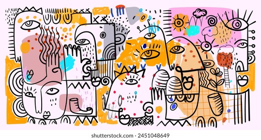 Grupo de retrato de cara abstracta estilo de arte cubismo, decorativo, arte de línea dibujado a mano Ilustración vectorial. Diseño para arte mural, decoración, póster e impresión.