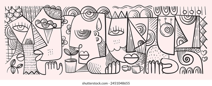 Group of abstract face portrait cubism art style, decorative, line art hand drawn vector illustration. Design for wall art, decoration, poster and print.