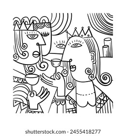 Group of abstract face portrait cubism art style, decorative, line art hand drawn vector illustration. Aesthetic design for wall art, decoration, poster,card and cover.