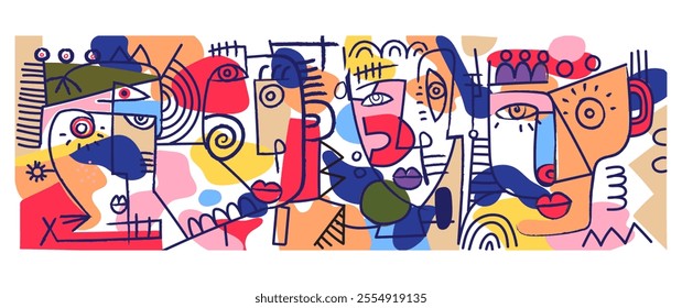Group of abstract face portrait doodle, geometric line art hand drawn vector illustration. Artistic design for wall art, prints, poster, cover and decoration.