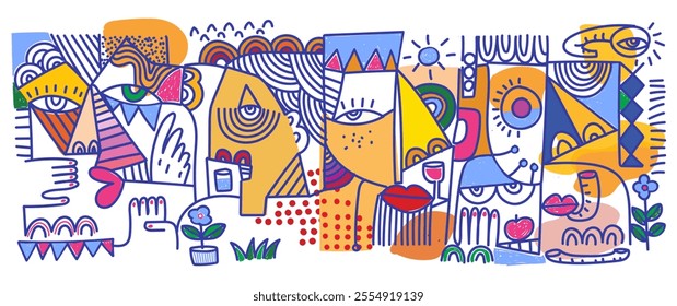 Group of abstract face portrait doodle, geometric line art hand drawn vector illustration. Artistic design for wall art, prints, poster, cover and decoration.