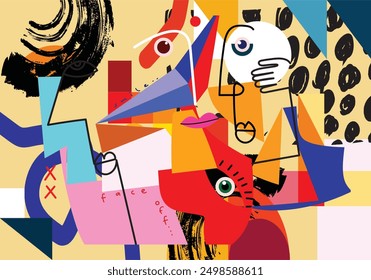 Group of abstract face portrait geometric, doodle, line art hand drawn vector illustration wall art. Aesthetic design poster, cover, wall decoration, cards and background.