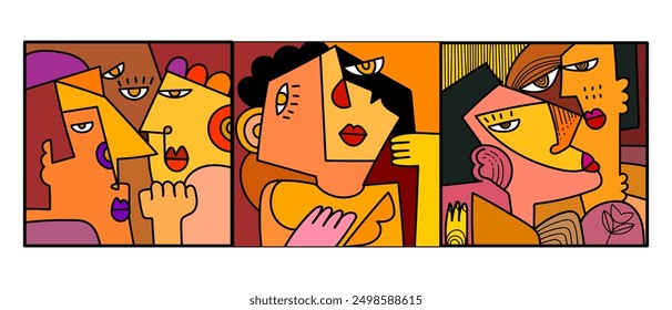 Group of abstract face portrait geometric, doodle, line art hand drawn vector illustration wall art. Aesthetic design poster, cover, wall decoration, cards and background.