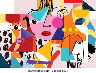 Grupo de retrato de la cara abstracta geométrica, doodle, arte de línea dibujado a mano arte de pared de Ilustración vectorial Cartel de diseño estético, cubierta, decoración de la pared, tarjetas y fondo.