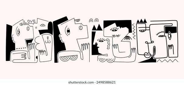 Group of abstract face portrait geometric, doodle, line art hand drawn vector illustration wall art. Aesthetic design poster, cover, wall decoration, cards and background.