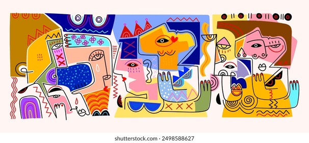 Grupo de retrato de la cara abstracta geométrica, doodle, arte de línea dibujado a mano arte de pared de Ilustración vectorial Cartel de diseño estético, cubierta, decoración de la pared, tarjetas y fondo.
