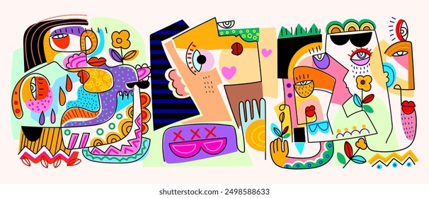 Group of abstract face portrait geometric, doodle, line art hand drawn vector illustration wall art. Aesthetic design poster, cover, wall decoration, cards and background.