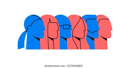 Grupo de personas abstractas y diversas sin rostro. Caras de perfil. Juntos, amistad, comunidad, trabajo en equipo, gestión de recursos humanos, concepto de ilustración vectorial