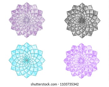 A group of abstract images of geometric figures in the form of a starry sky or space, consisting of lines, dots and figures in the form of stars on a violet background