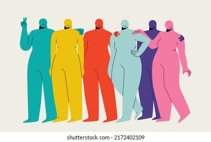 Group of abstract multicolored cute women. Disproportionate female figures in different poses. Vector flat trendy illustration.