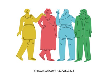 Group of abstract multicolored cute women. Disproportionate female figures in different poses. Vector flat fashion illustration.