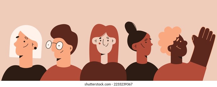 Group of abstract people. Portraits of different young and happy men and women of different races. Banner. Vector flat