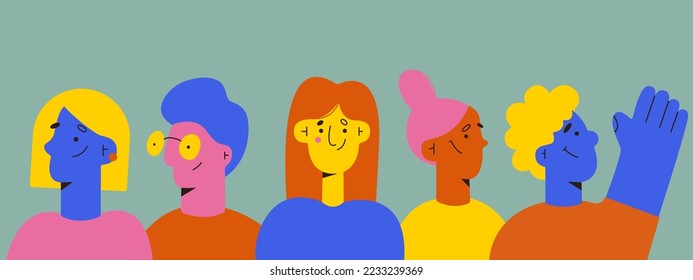 Group of abstract people. Portraits of different young and happy men and women of different races. Workteam. Vector flat